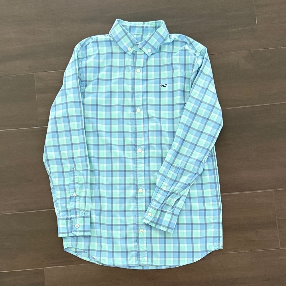 Vineyard Vines Boys Performance Plaid Button-Down Shirt - Light Blue & Mint - Picture 1 of 4